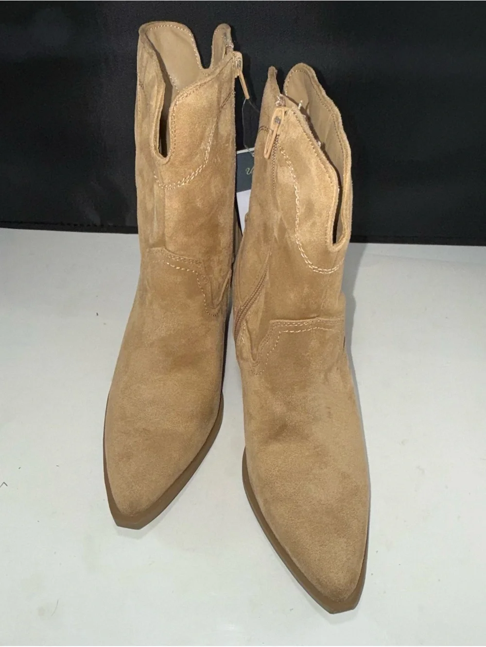 Size 7.5 Universal Thread Tan Suede-Look Pointed-Toe Western Booties 3” heel